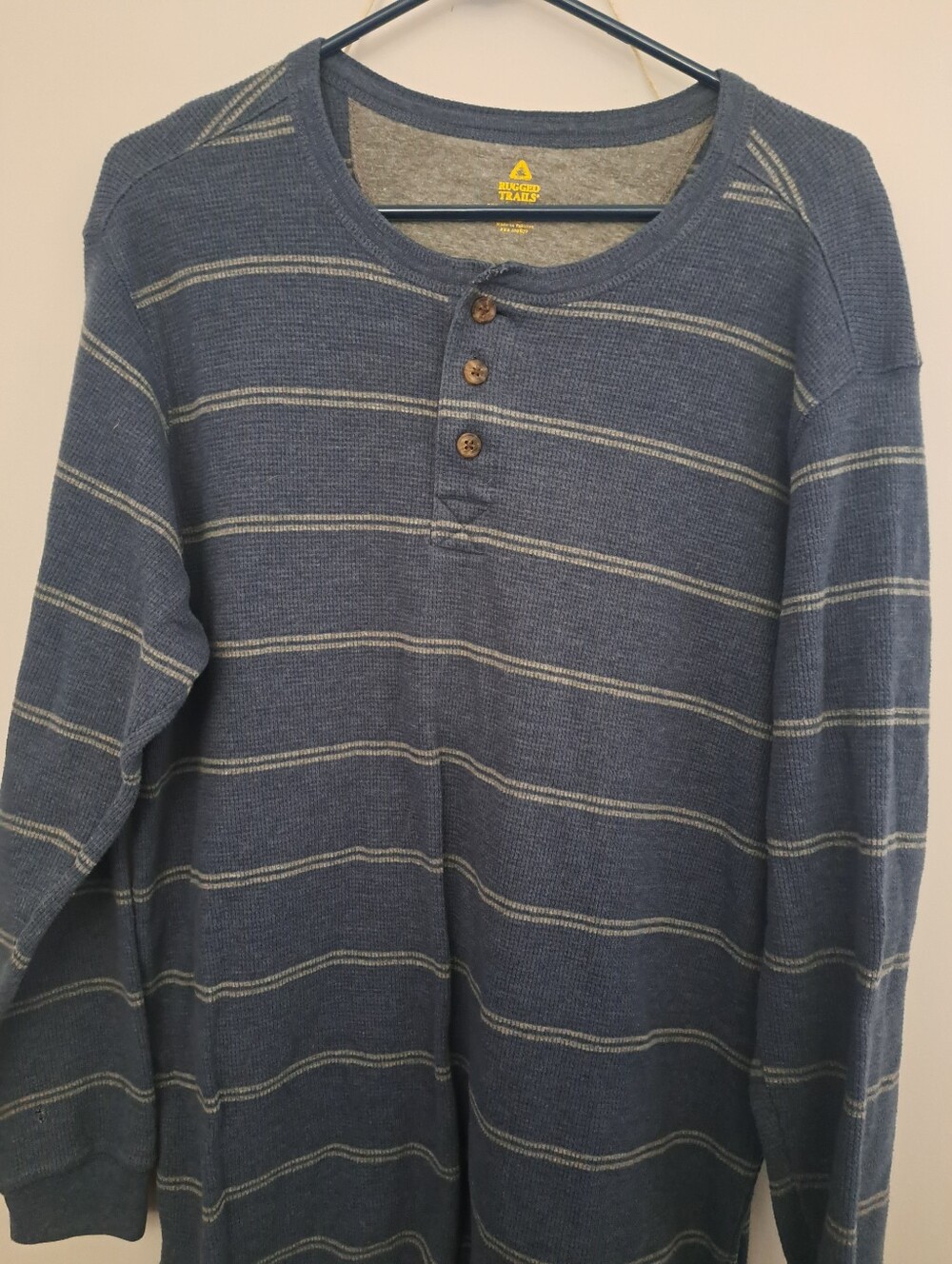 Men's Blue Striped Henley Rugged Trails Long-Sleeve Shirt Xl